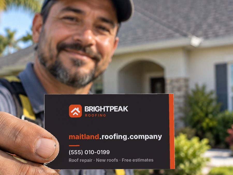 maitland.roofing.company on a roofer's business card