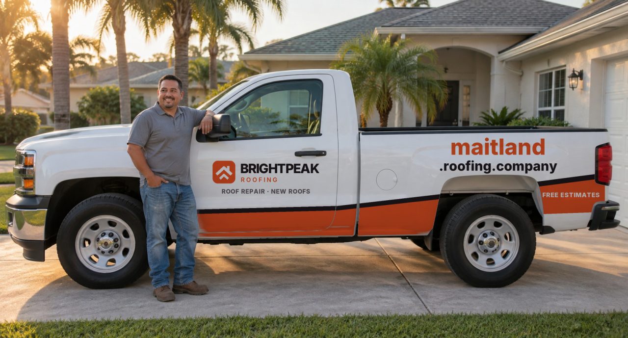 maitland.roofing.company painted on the side of a white work truck